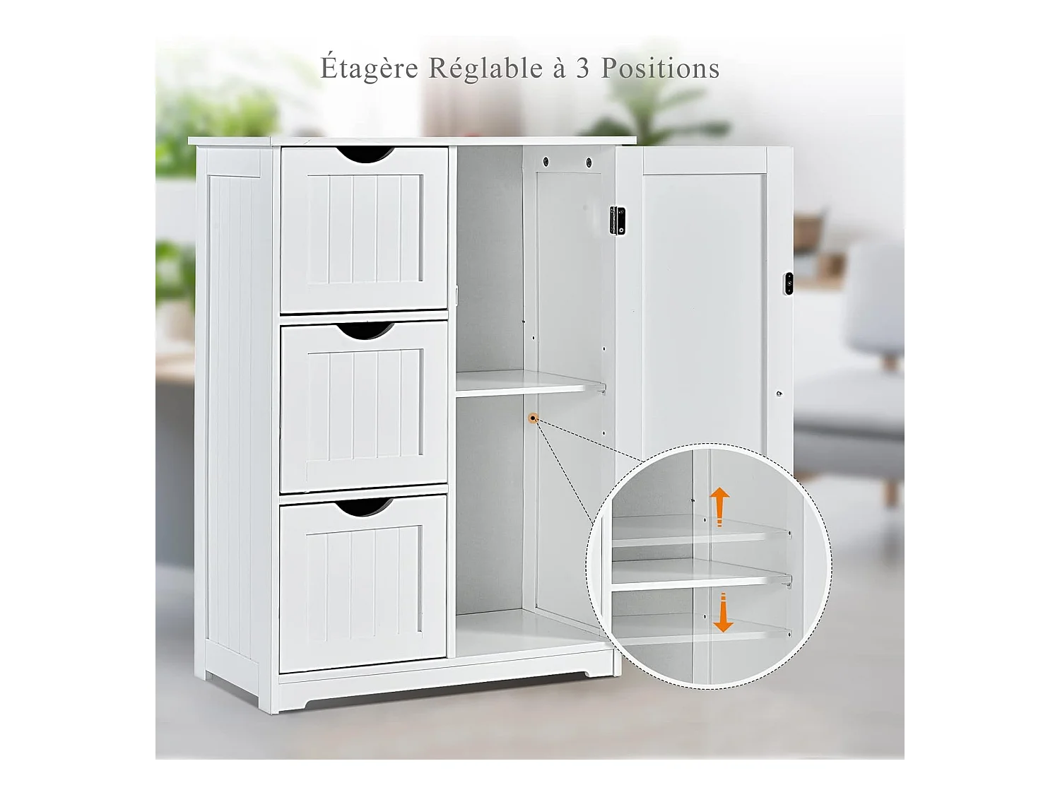 Meuble de Salle de Bain avec 3 Tiroirs, 1 Placard, Rangement Salle de Bain Étagère Réglable pour Salon, Chambre, Entrée, 58x28x81cm(3 Tiroirs - Blanc)