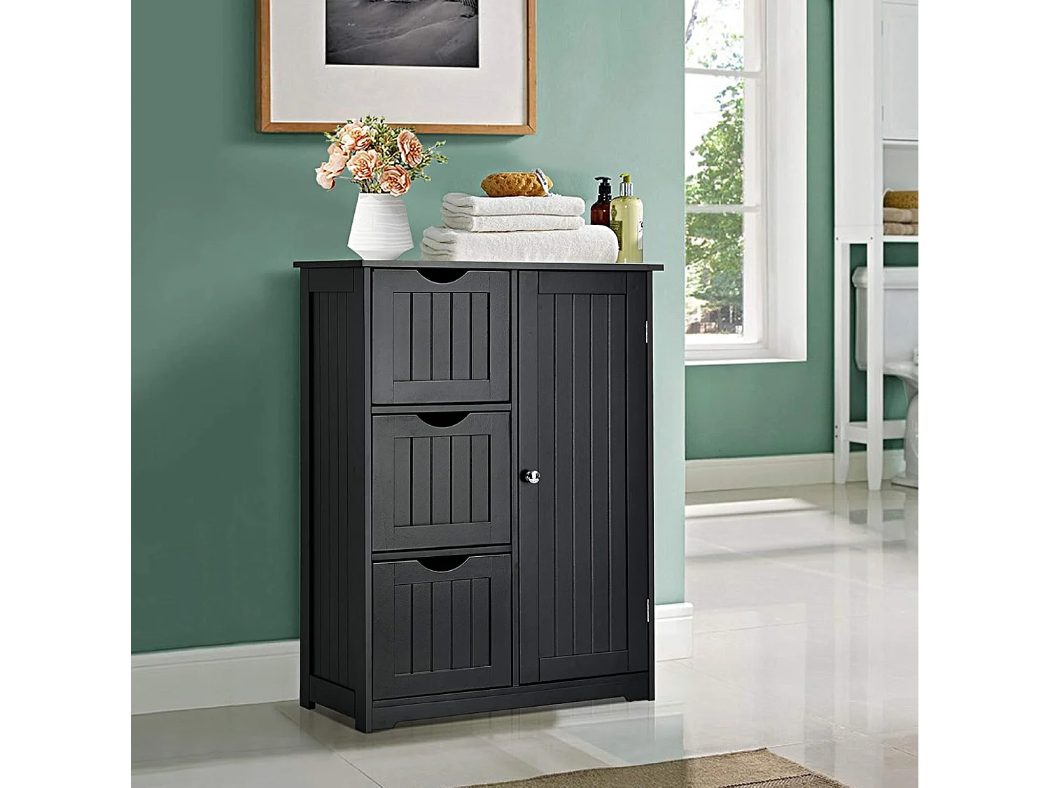 Meuble de Salle de Bain avec 3 Tiroirs, 1 Placard, Rangement Salle de Bain Étagère Réglable pour Salon, Chambre, Entrée, 58x28x81cm (3 Tiroirs - Noir)