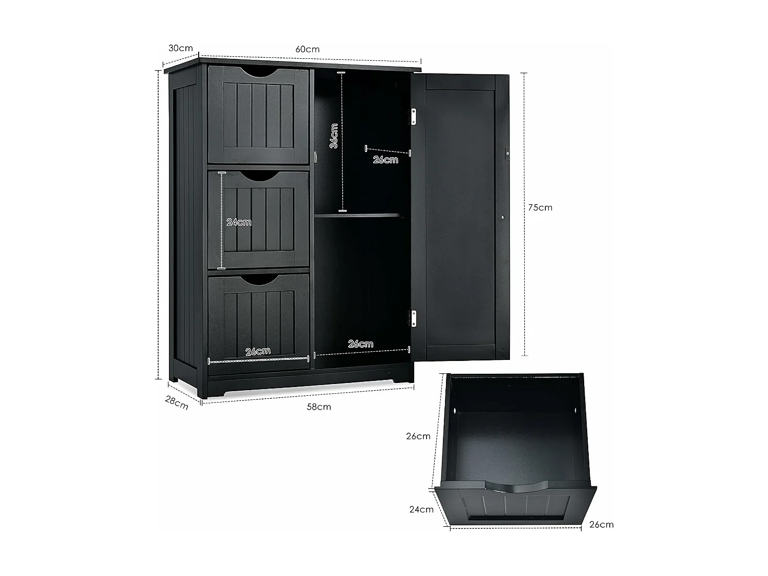 Meuble de Salle de Bain avec 3 Tiroirs, 1 Placard, Rangement Salle de Bain Étagère Réglable pour Salon, Chambre, Entrée, 58x28x81cm (3 Tiroirs - Noir)