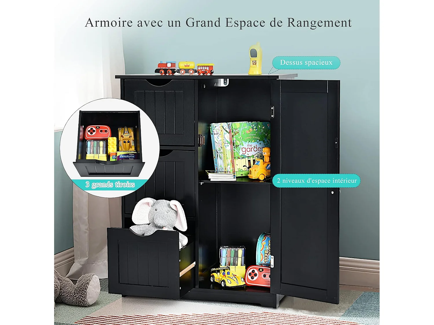 Meuble de Salle de Bain avec 3 Tiroirs, 1 Placard, Rangement Salle de Bain Étagère Réglable pour Salon, Chambre, Entrée, 58x28x81cm (3 Tiroirs - Noir)