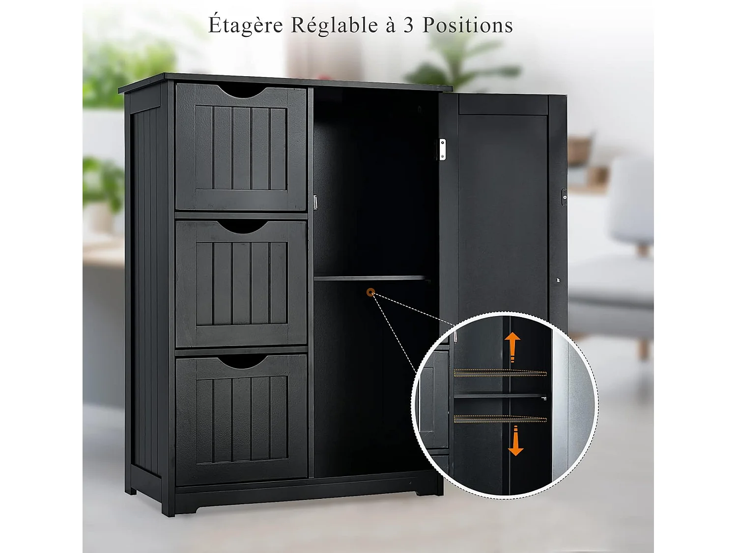 Meuble de Salle de Bain avec 3 Tiroirs, 1 Placard, Rangement Salle de Bain Étagère Réglable pour Salon, Chambre, Entrée, 58x28x81cm (3 Tiroirs - Noir)