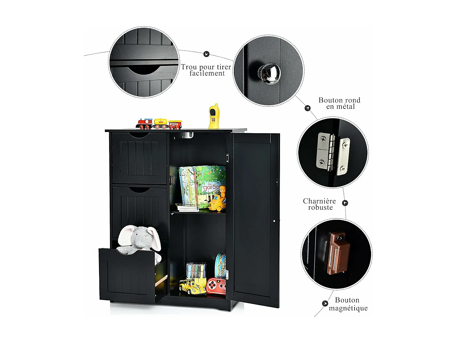 Meuble de Salle de Bain avec 3 Tiroirs, 1 Placard, Rangement Salle de Bain Étagère Réglable pour Salon, Chambre, Entrée, 58x28x81cm (3 Tiroirs - Noir)