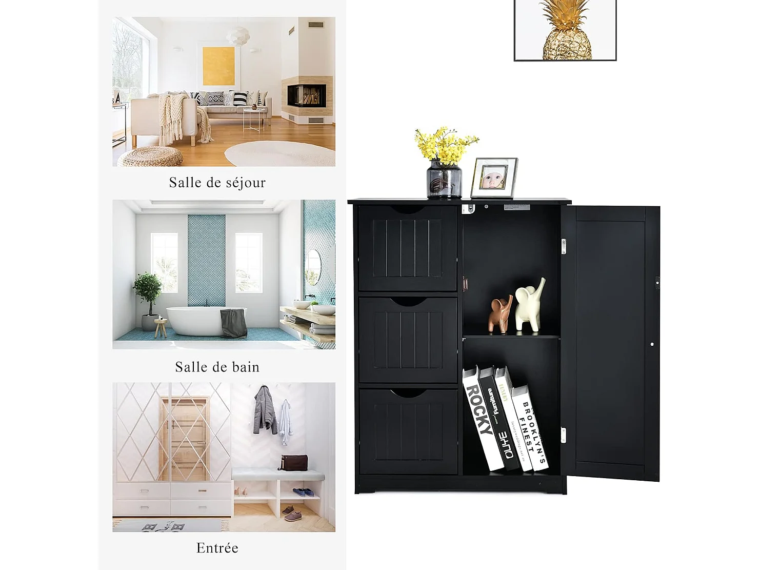 Meuble de Salle de Bain avec 3 Tiroirs, 1 Placard, Rangement Salle de Bain Étagère Réglable pour Salon, Chambre, Entrée, 58x28x81cm (3 Tiroirs - Noir)