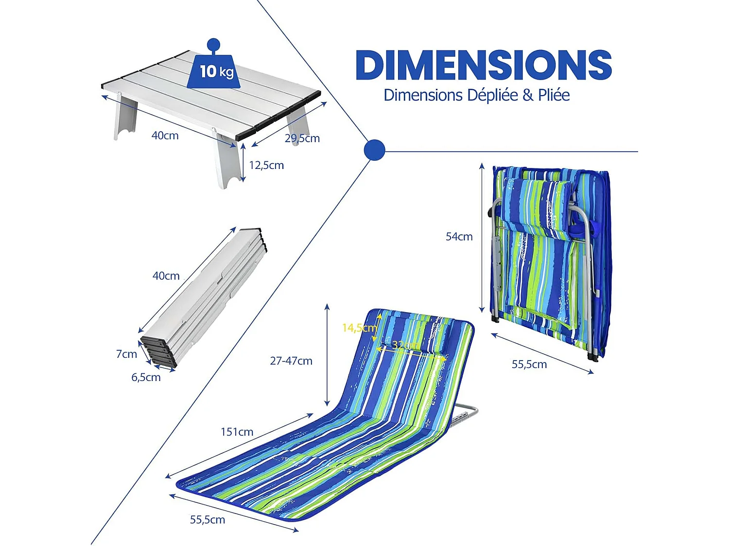 Ensemble de Tapis de Plage Pliables 2 pcs avec Table d’Appoint, Matelas de Plage avec Hauteur Réglable 27-47cm, Coloré