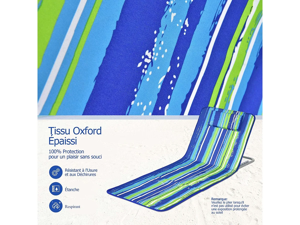 Ensemble de Tapis de Plage Pliables 2 pcs avec Table d’Appoint, Matelas de Plage avec Hauteur Réglable 27-47cm, Coloré