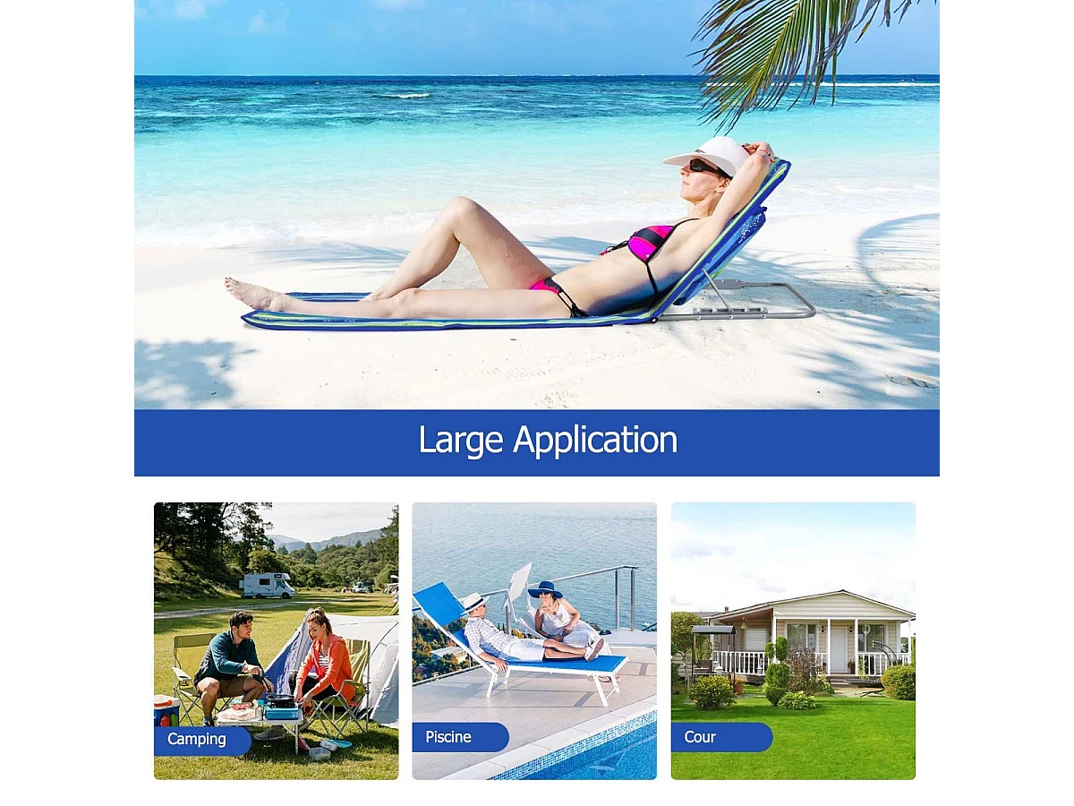 Ensemble de Tapis de Plage Pliables 2 pcs avec Table d’Appoint, Matelas de Plage avec Hauteur Réglable 27-47cm, Coloré