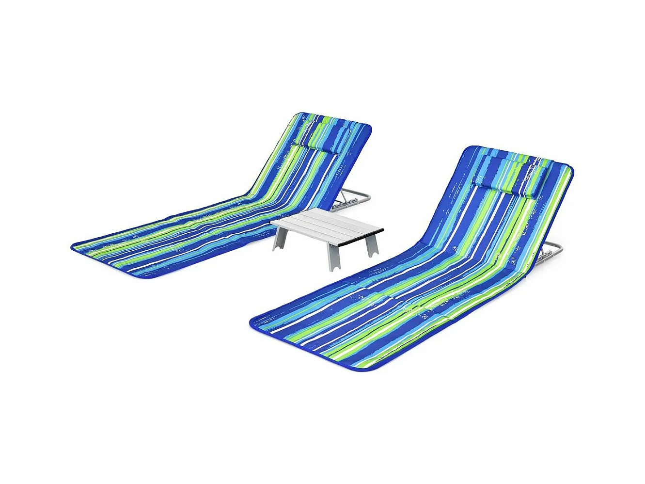 Ensemble de Tapis de Plage Pliables 2 pcs avec Table d’Appoint, Matelas de Plage avec Hauteur Réglable 27-47cm, Coloré