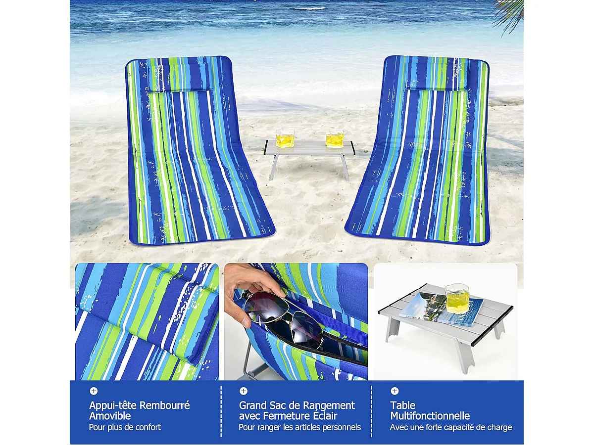 Ensemble de Tapis de Plage Pliables 2 pcs avec Table d’Appoint, Matelas de Plage avec Hauteur Réglable 27-47cm, Coloré