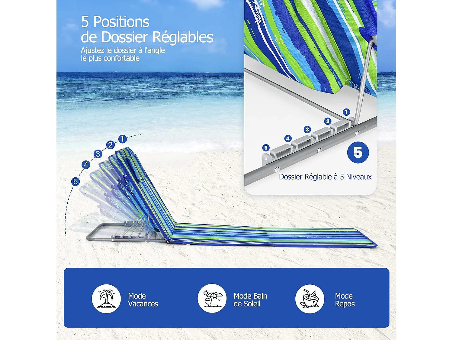 Ensemble de Tapis de Plage Pliables 2 pcs avec Table d’Appoint, Matelas de Plage avec Hauteur Réglable 27-47cm, Coloré