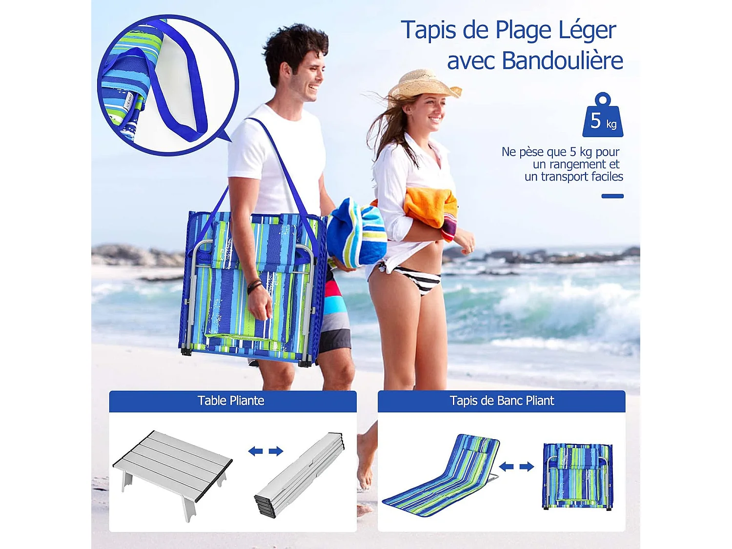 Ensemble de Tapis de Plage Pliables 2 pcs avec Table d’Appoint, Matelas de Plage avec Hauteur Réglable 27-47cm, Coloré