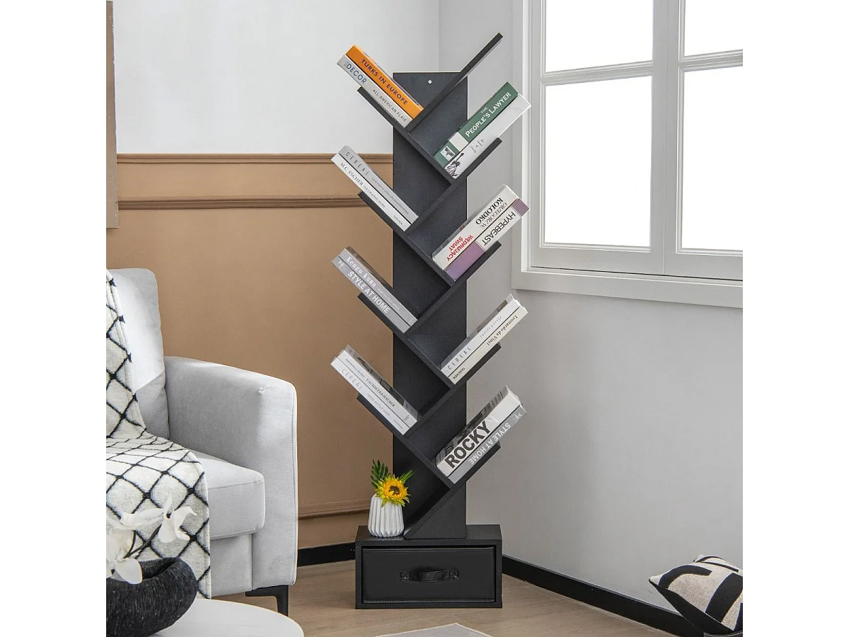 Bibliothèque à 10 niveaux en forme arbre avec tiroir tissu pliable style industriel, noir