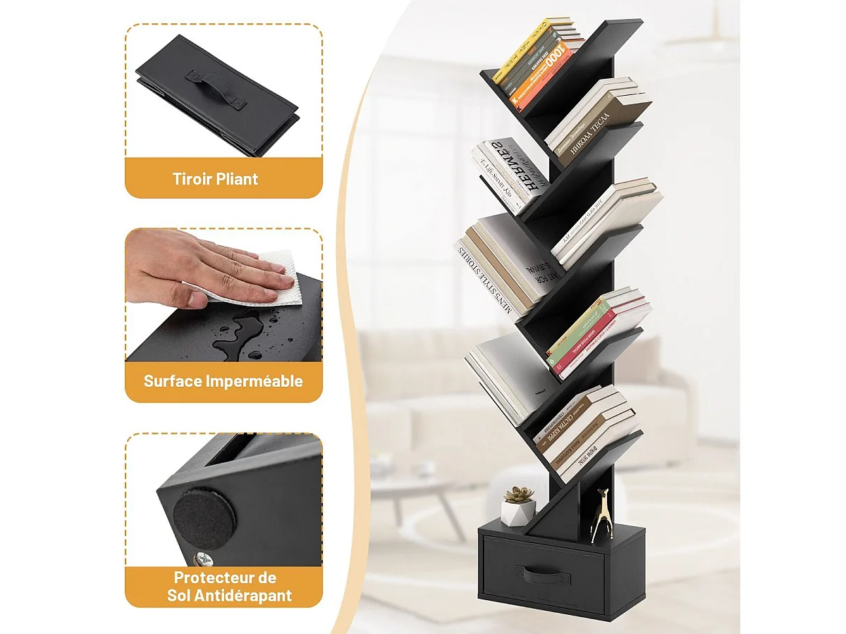 Bibliothèque à 10 niveaux en forme arbre avec tiroir tissu pliable style industriel, noir