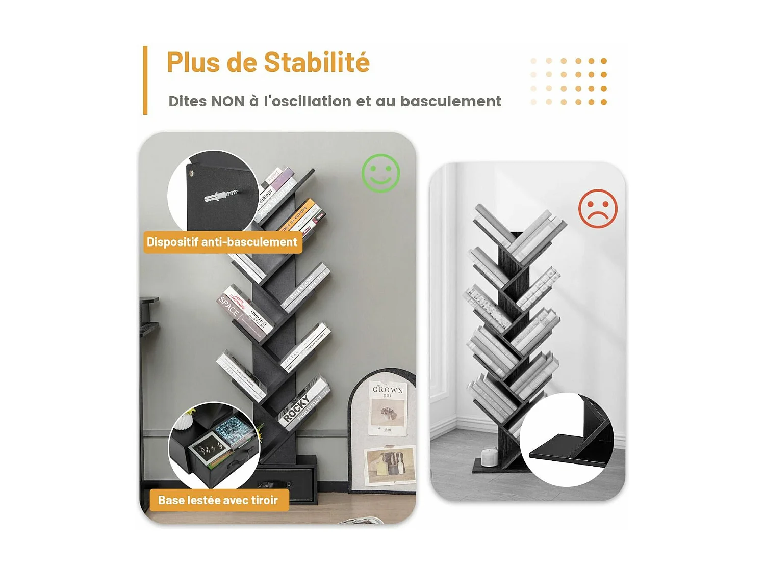 Bibliothèque à 10 niveaux en forme arbre avec tiroir tissu pliable style industriel, noir