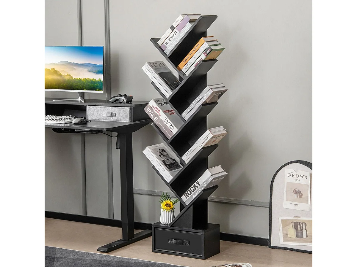 Bibliothèque à 10 niveaux en forme arbre avec tiroir tissu pliable style industriel, noir