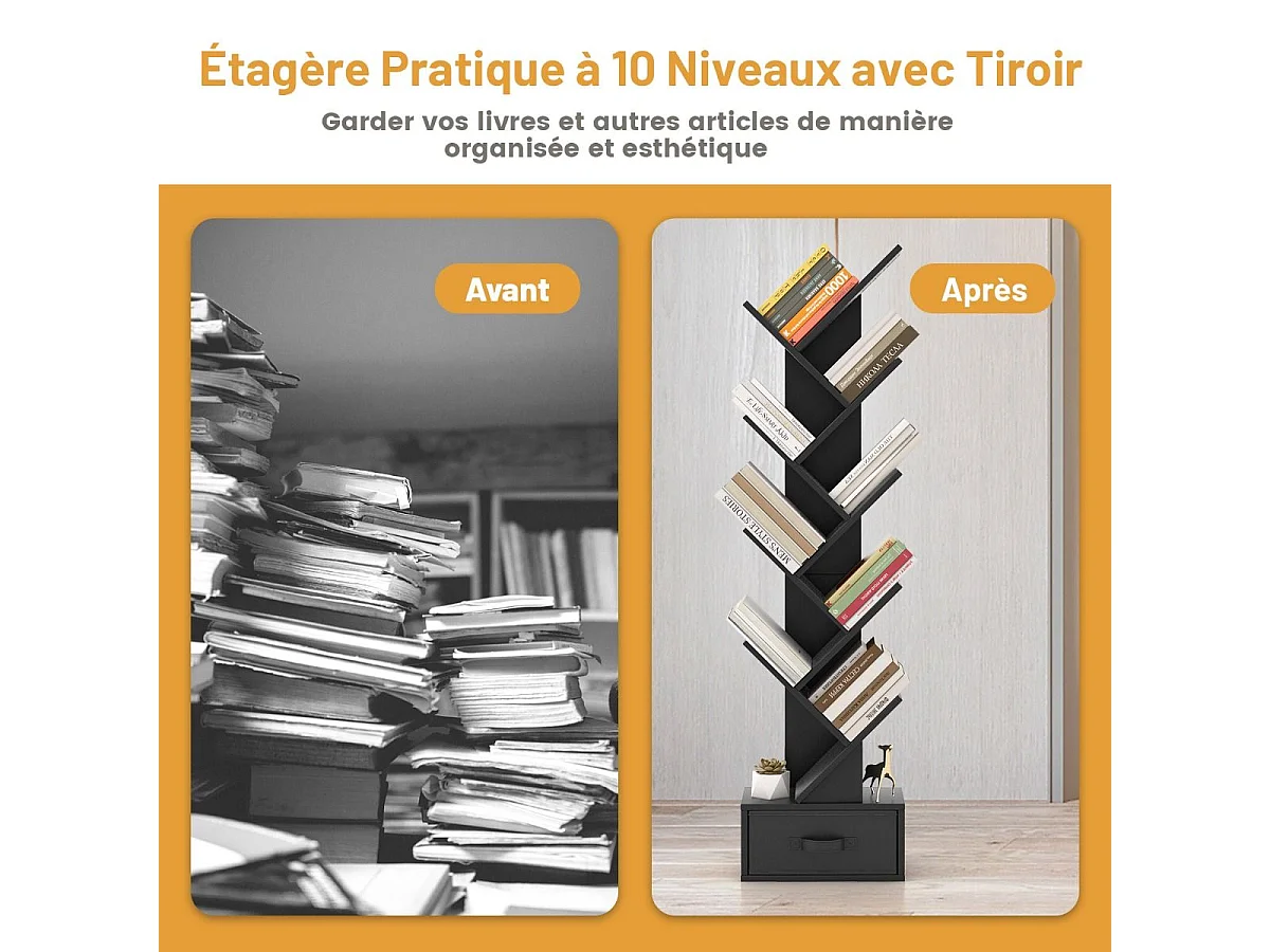 Bibliothèque à 10 niveaux en forme arbre avec tiroir tissu pliable style industriel, noir