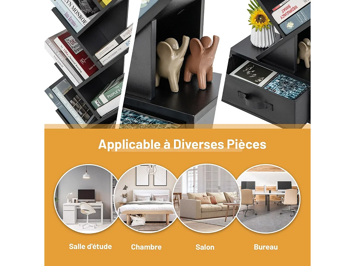 Bibliothèque à 10 niveaux en forme arbre avec tiroir tissu pliable style industriel, noir