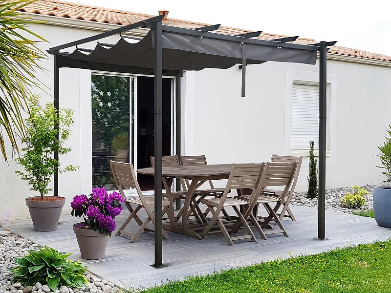 Aluminium pergola met uitschuifbaar dak - 3 x 4 m - Grijs, ideaal om het hele jaar door een gezellige ruimte te creëren