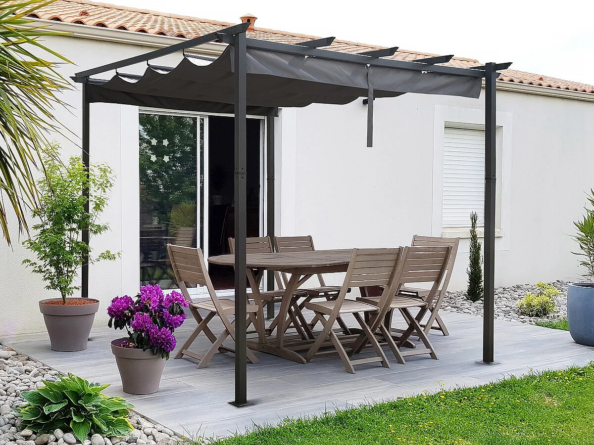 Pergola in alluminio con tetto retrattile - 3 x 4 m - Grigio, ideale per creare uno spazio accogliente tutto l'anno