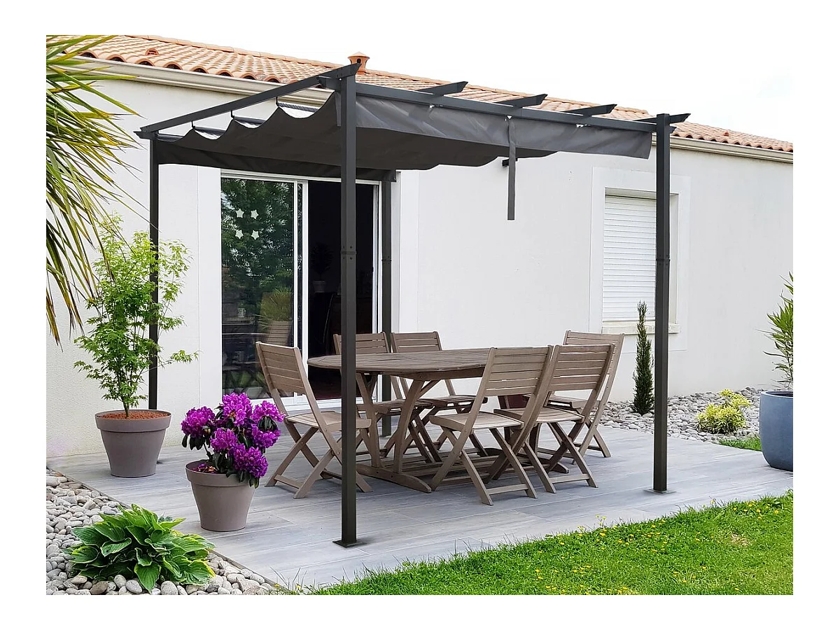 Pergola en aluminium avec toit rétractable - 3 x 3 m - Gris