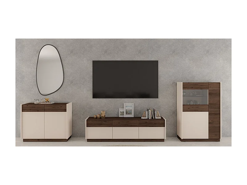 Buffet 2 portes avec 2 tiroirs - 100 cm - beige / noyer okapi - KOBBE