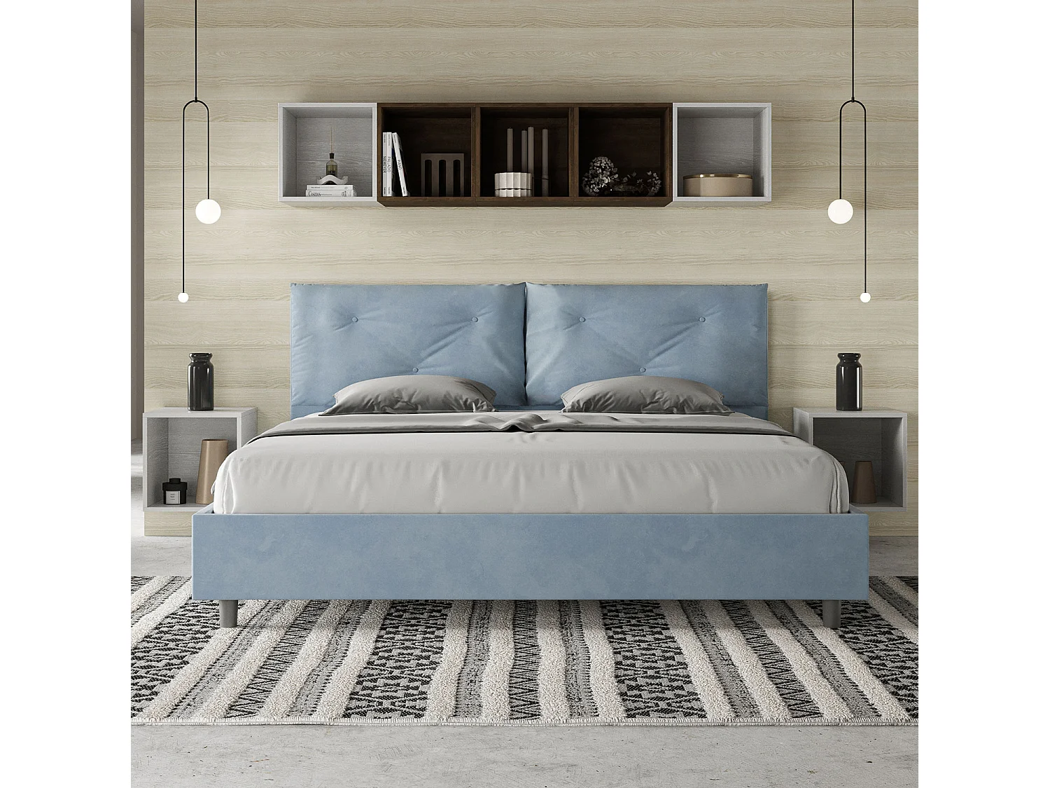 Letto matrimoniale king size contenitore imbottito 190x200 microfibra azzurro Appia Large