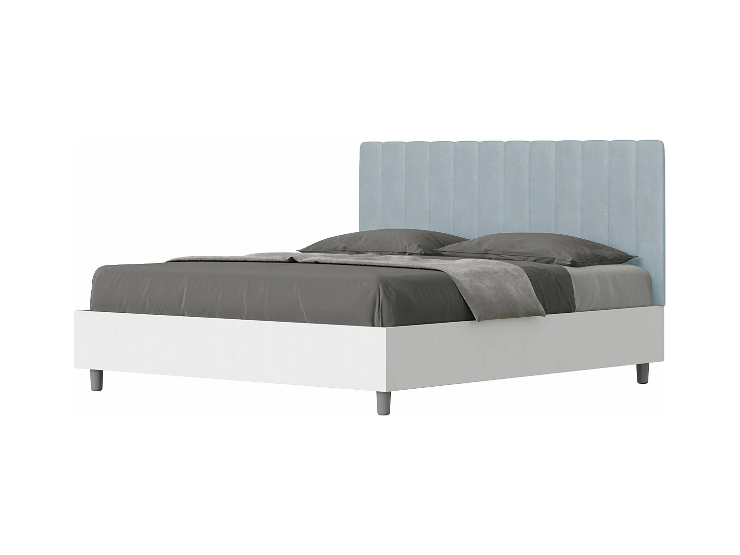 Lit double conteneur 160x200 frêne blanc tête de lit microfibre bleu clair Kaia