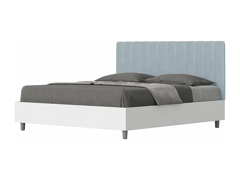 Cama doble con contenedor elevado 160x190 fresno blanco con cabecero de microfibra azul claro Kaia