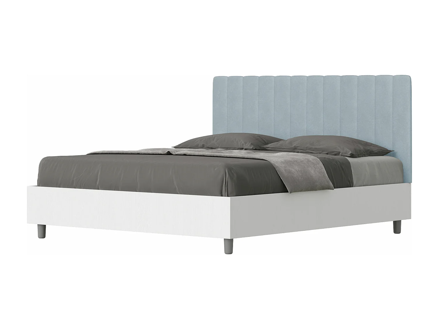 Lit double avec double conteneur surélevé 160x190 frêne blanc avec tête de lit en microfibre bleu clair Kaia