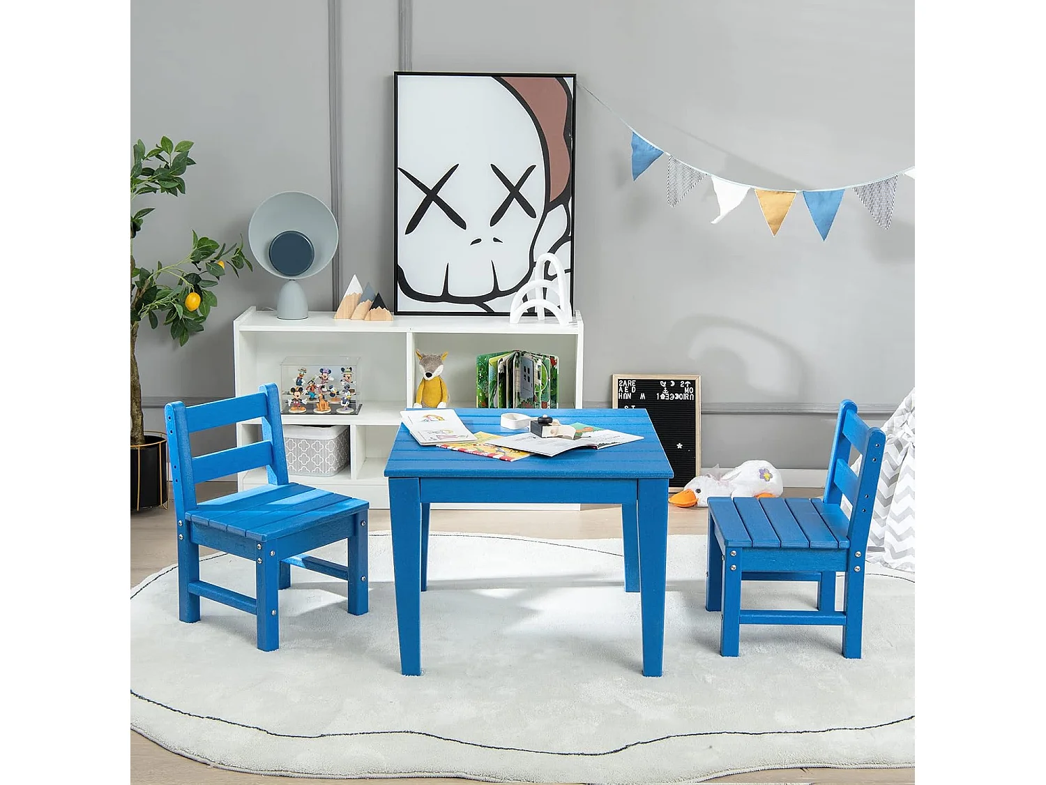 Ensemble Table et 2 Chaises pour Enfants avec Surface Imperméable, Table d'Activités Polyvalente avec Structure Stable, Assemblage Facile, Design Ergonomique, Intérieur Extérieur, Bleu