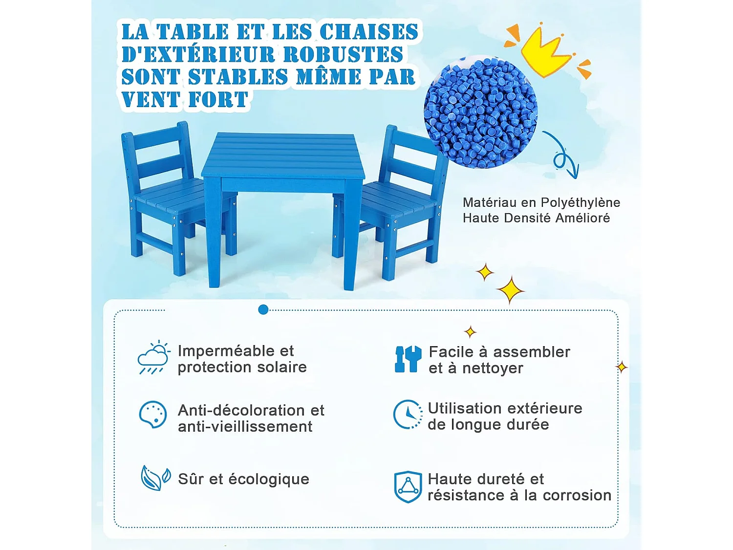 Ensemble Table et 2 Chaises pour Enfants avec Surface Imperméable, Table d'Activités Polyvalente avec Structure Stable, Assemblage Facile, Design Ergonomique, Intérieur Extérieur, Bleu