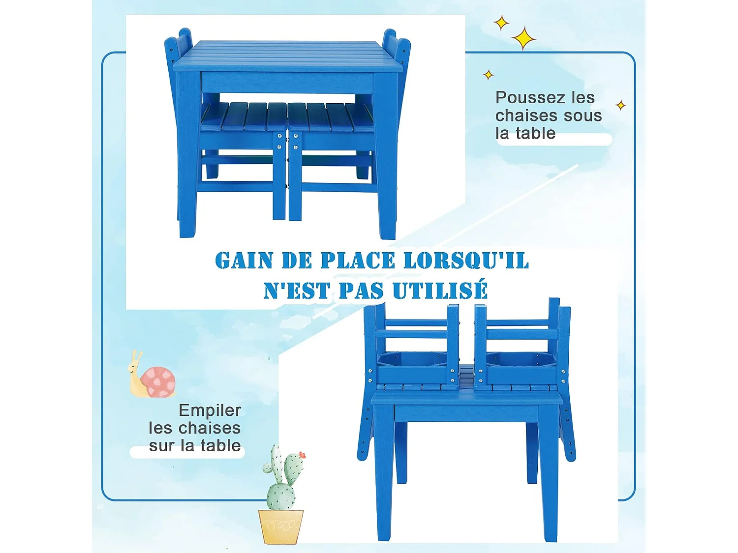 Ensemble Table et 2 Chaises pour Enfants avec Surface Imperméable, Table d'Activités Polyvalente avec Structure Stable, Assemblage Facile, Design Ergonomique, Intérieur Extérieur, Bleu
