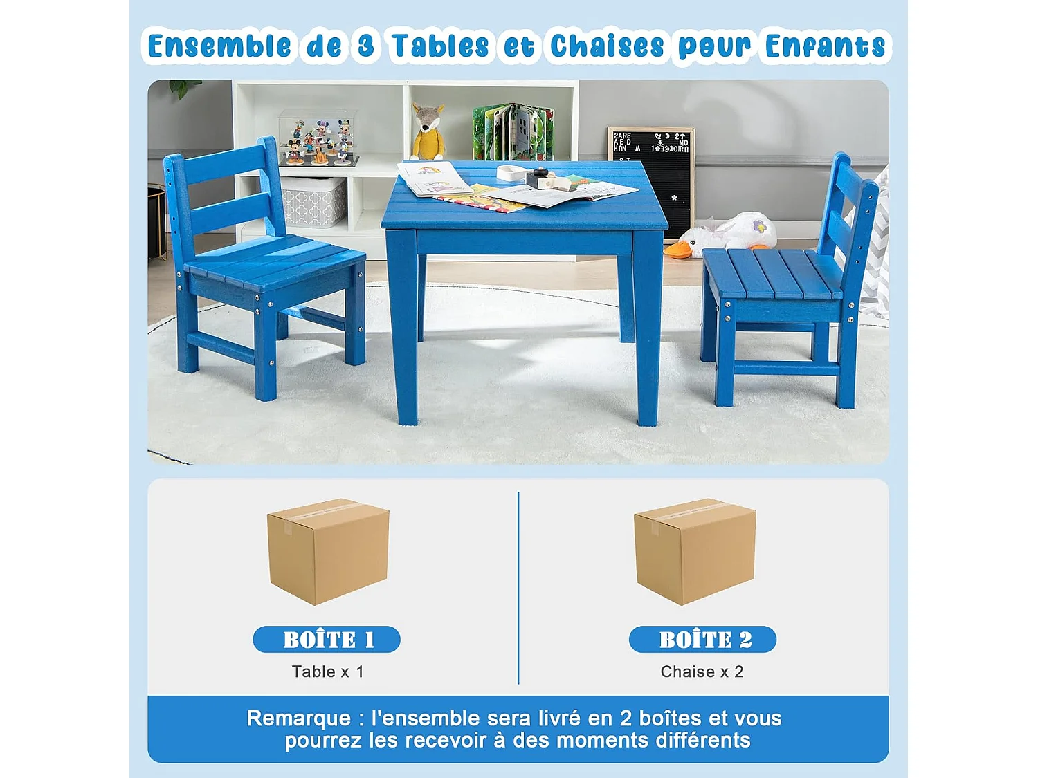 Ensemble Table et 2 Chaises pour Enfants avec Surface Imperméable, Table d'Activités Polyvalente avec Structure Stable, Assemblage Facile, Design Ergonomique, Intérieur Extérieur, Bleu