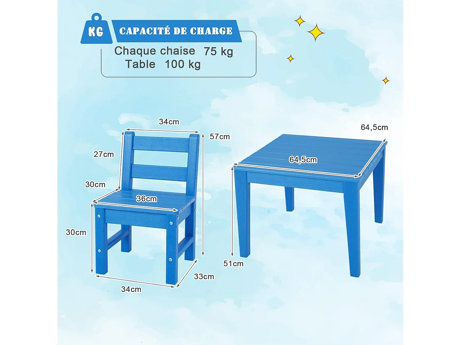 Ensemble Table et 2 Chaises pour Enfants avec Surface Imperméable, Table d'Activités Polyvalente avec Structure Stable, Assemblage Facile, Design Ergonomique, Intérieur Extérieur, Bleu