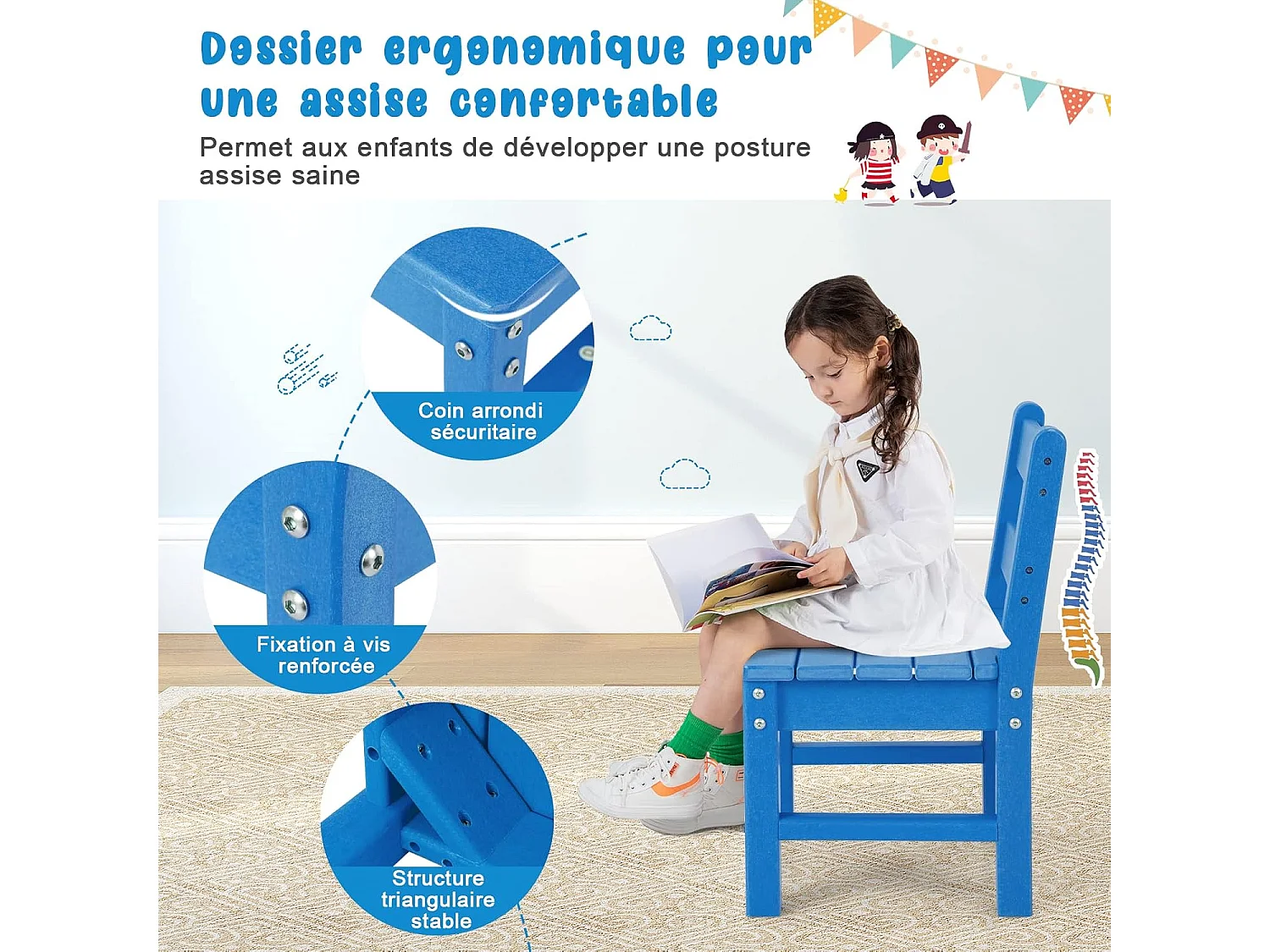 Ensemble Table et 2 Chaises pour Enfants avec Surface Imperméable, Table d'Activités Polyvalente avec Structure Stable, Assemblage Facile, Design Ergonomique, Intérieur Extérieur, Bleu