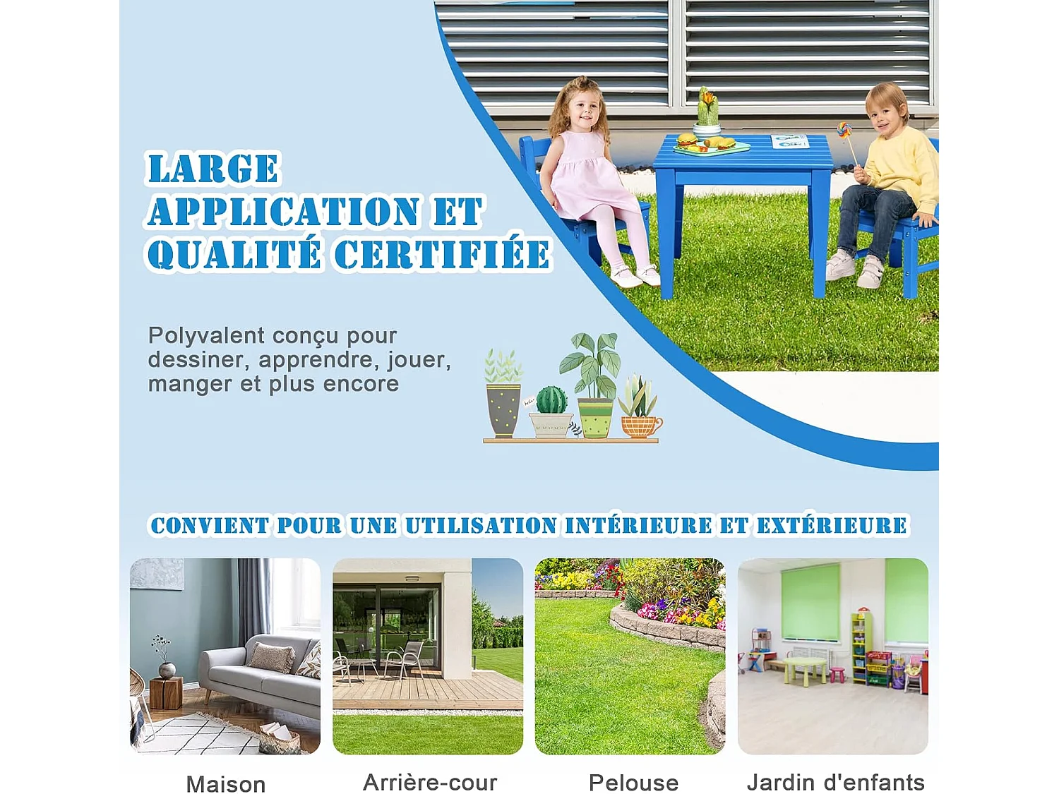 Ensemble Table et 2 Chaises pour Enfants avec Surface Imperméable, Table d'Activités Polyvalente avec Structure Stable, Assemblage Facile, Design Ergonomique, Intérieur Extérieur, Bleu