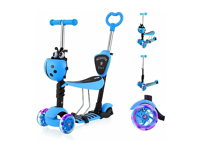 Kinder 5 -in -Ein -Kinder -Roller, 3 LED -Lichträder, mit abnehmbarem Cartoonkorb, in der Höhe einstellbar, für Kinder im Alter von 2 bis 8 Jahren