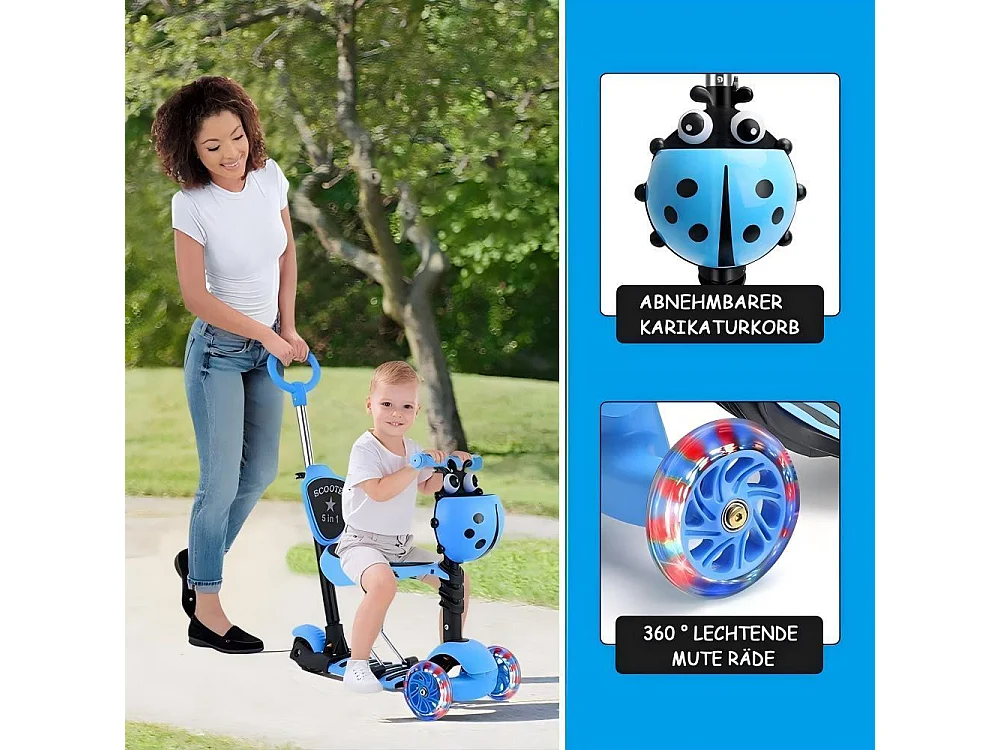 5-in-1 kinderscooter, 3 LED-verlichte wielen, met afneembare cartoonmand, in hoogte verstelbaar, voor kinderen van 2-8 jaar oud