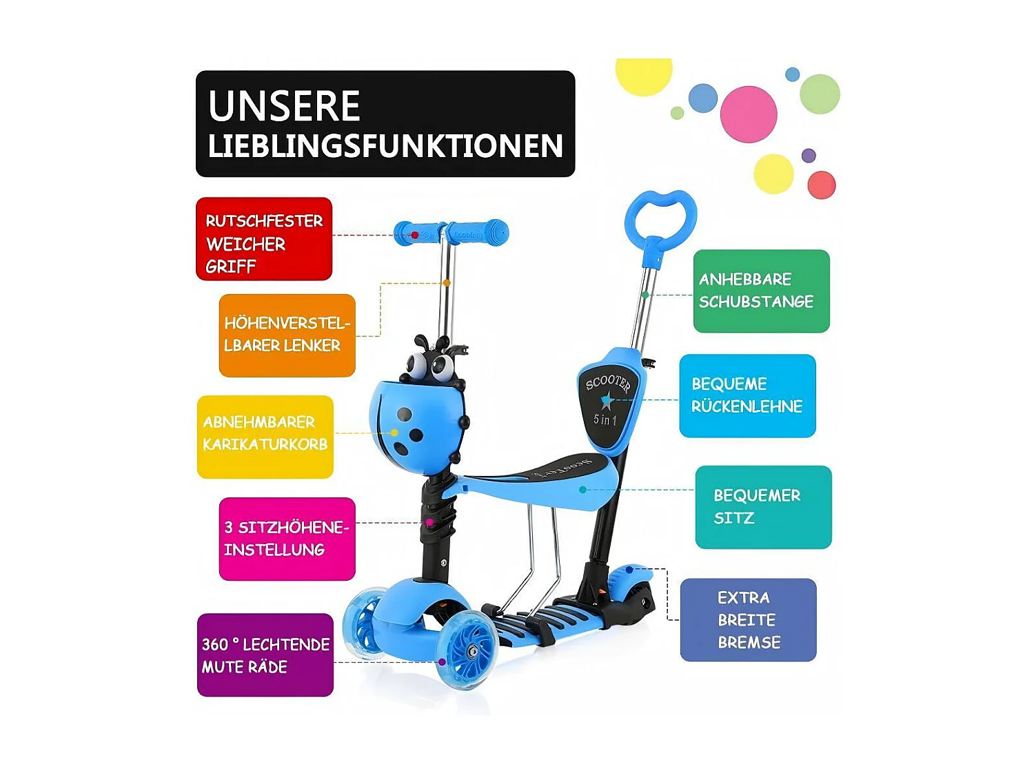 5-in-1 kinderscooter, 3 LED-verlichte wielen, met afneembare cartoonmand, in hoogte verstelbaar, voor kinderen van 2-8 jaar oud