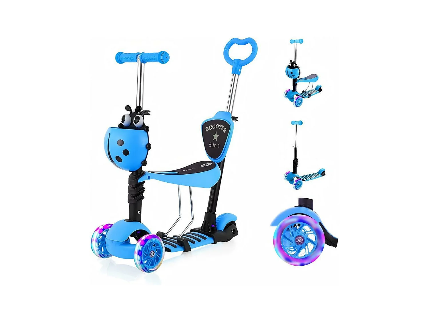 Kinder 5 -in -Ein -Kinder -Roller, 3 LED -Lichträder, mit abnehmbarem Cartoonkorb, in der Höhe einstellbar, für Kinder im Alter von 2 bis 8 Jahren