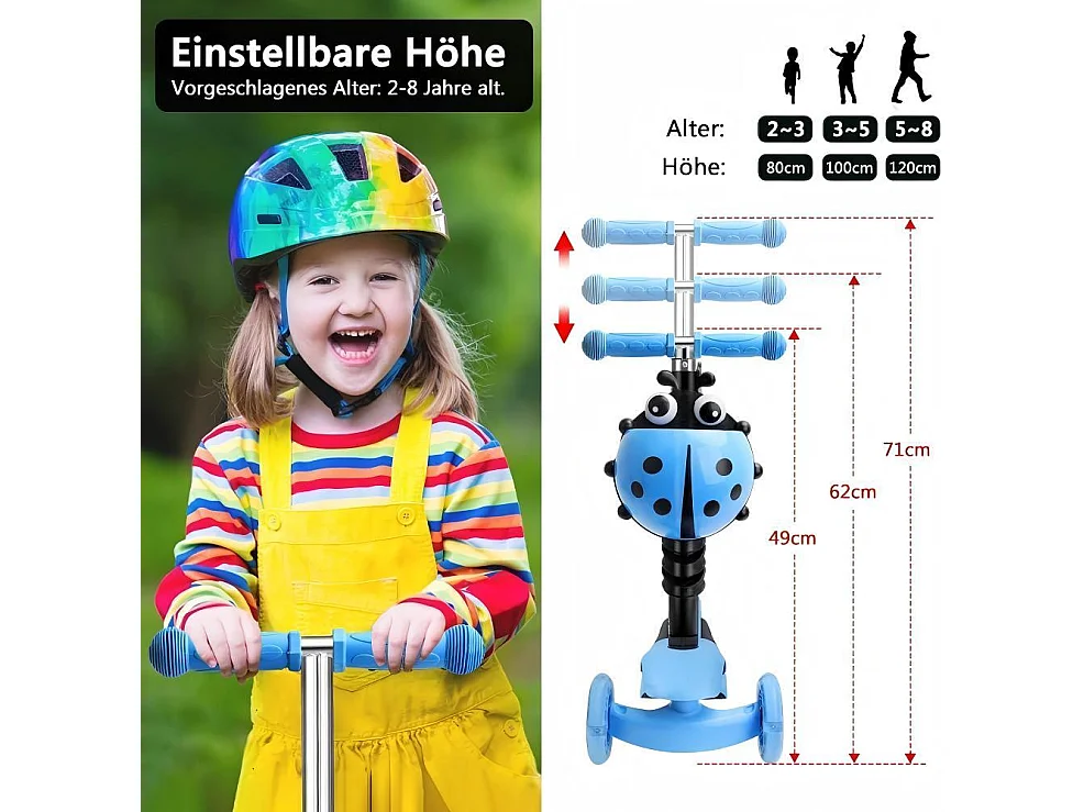 Trottinette enfant 5 en 1, 3 roues lumineuses LED, avec panier dessin animé amovible, réglable en hauteur, pour enfants de 2 à 8 ans