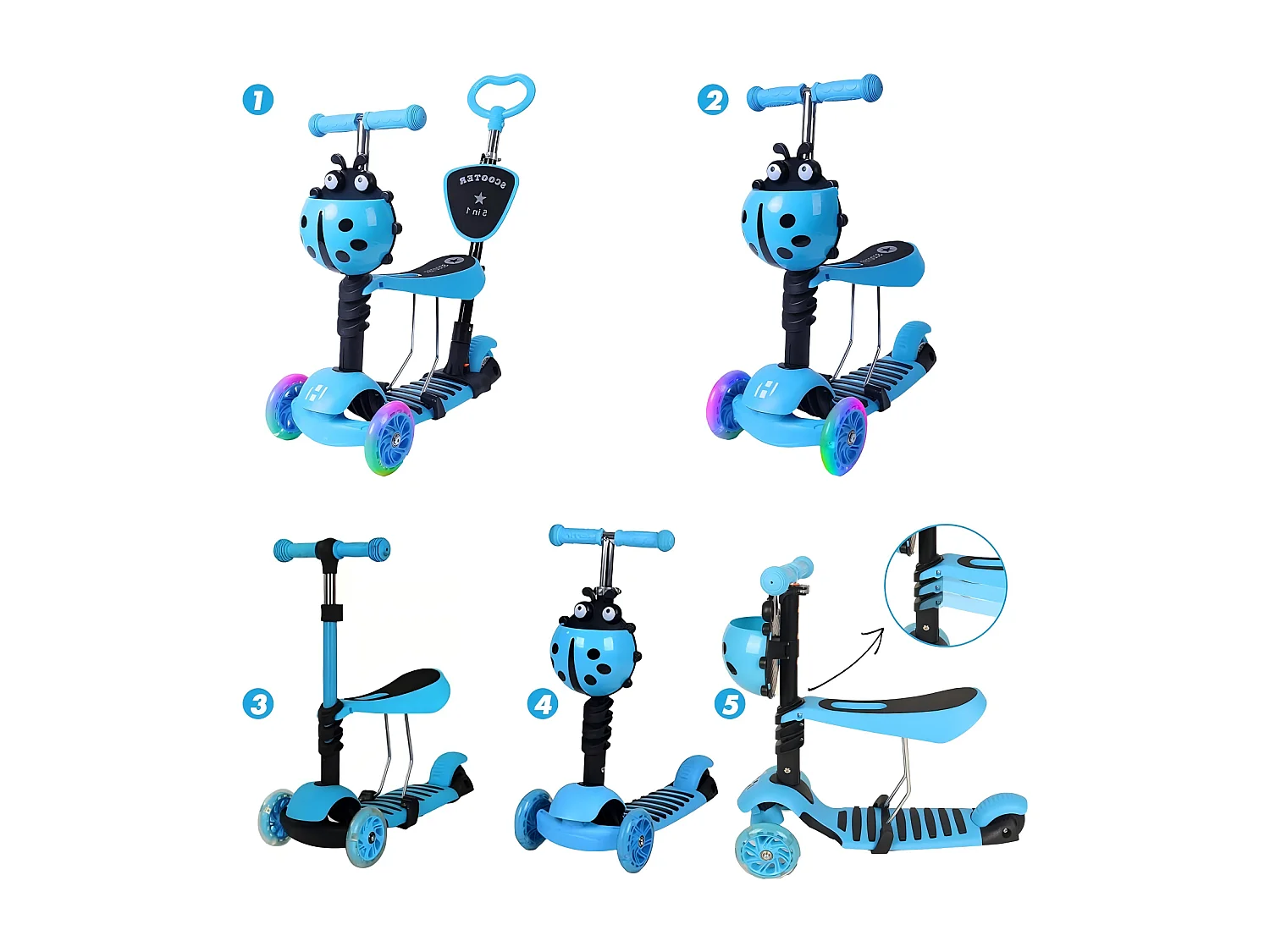 Trottinette enfant 5 en 1, 3 roues lumineuses LED, avec panier dessin animé amovible, réglable en hauteur, pour enfants de 2 à 8 ans