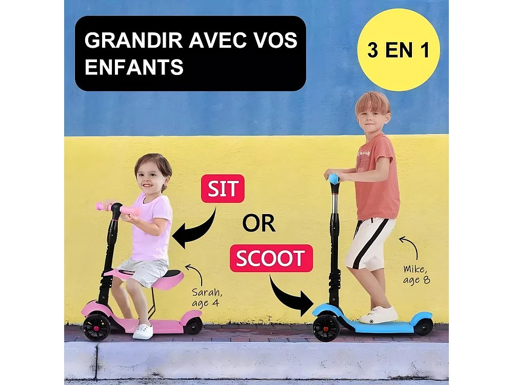 3 in 1 kinderscooter - afneembare zitting - in hoogte verstelbaar - grote LED-wielen - voor kinderen van 2 tot 8 jaar buitenspel