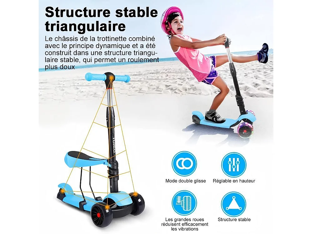 3 in 1 kinderscooter - afneembare zitting - in hoogte verstelbaar - grote LED-wielen - voor kinderen van 2 tot 8 jaar buitenspel