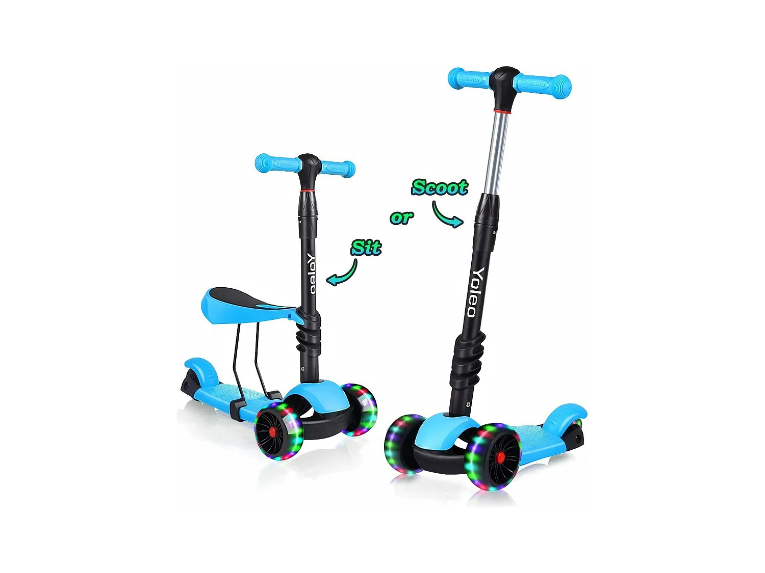 Trottinette Enfant 3 en 1 - Siège Amovible - réglable en hauteur - grandes roues LED - pour Enfants de 2 à 8 Ans jeu extérieur