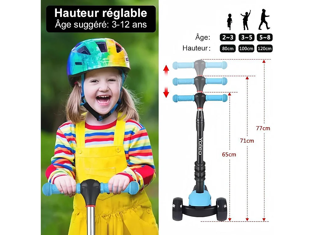 3 in 1 kinderscooter - afneembare zitting - in hoogte verstelbaar - grote LED-wielen - voor kinderen van 2 tot 8 jaar buitenspel