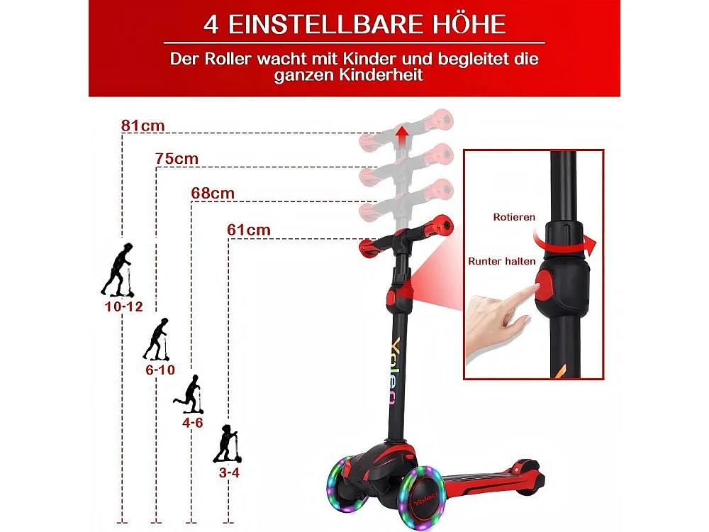 Scooter para niños con ruedas LED de luz, scooter de triciclo, en altura ajustable, durante 3 a 12 años, carga máxima. 50 kg