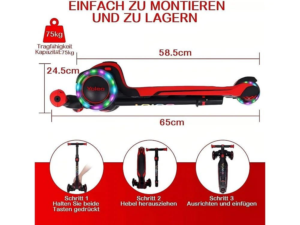 Trottinette pour enfants avec roues lumineuses LED, trottinette tricycle, réglable en hauteur, pour 3 à 12 ans, Charge Max. 50kg