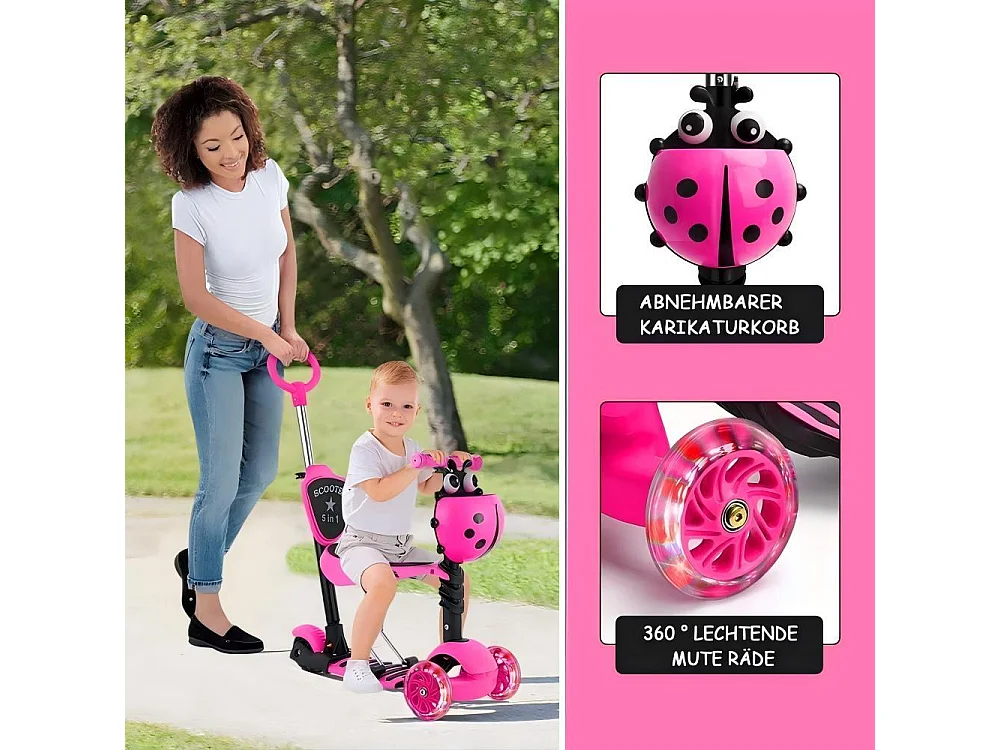 5-in-1 kinderscooter, 3 LED-verlichte wielen, met afneembare cartoonmand, in hoogte verstelbaar, voor kinderen van 2-8 jaar oud