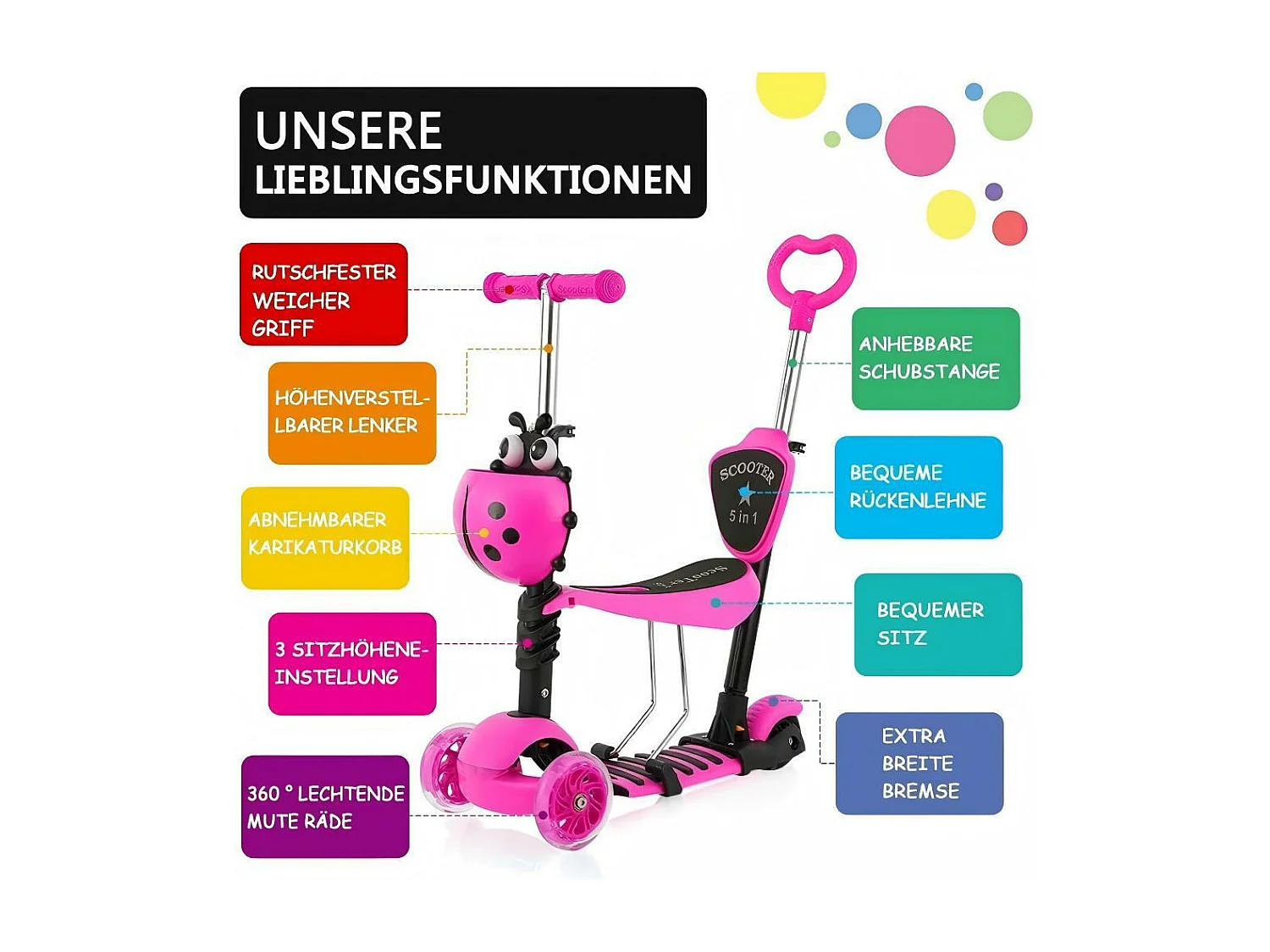 5-in-1 kinderscooter, 3 LED-verlichte wielen, met afneembare cartoonmand, in hoogte verstelbaar, voor kinderen van 2-8 jaar oud