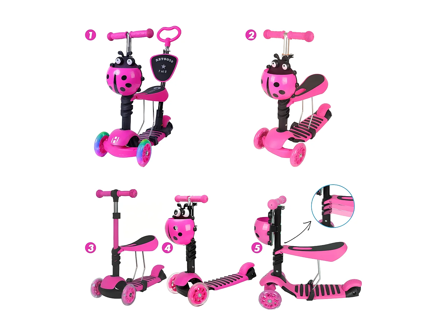 5-in-1 kinderscooter, 3 LED-verlichte wielen, met afneembare cartoonmand, in hoogte verstelbaar, voor kinderen van 2-8 jaar oud